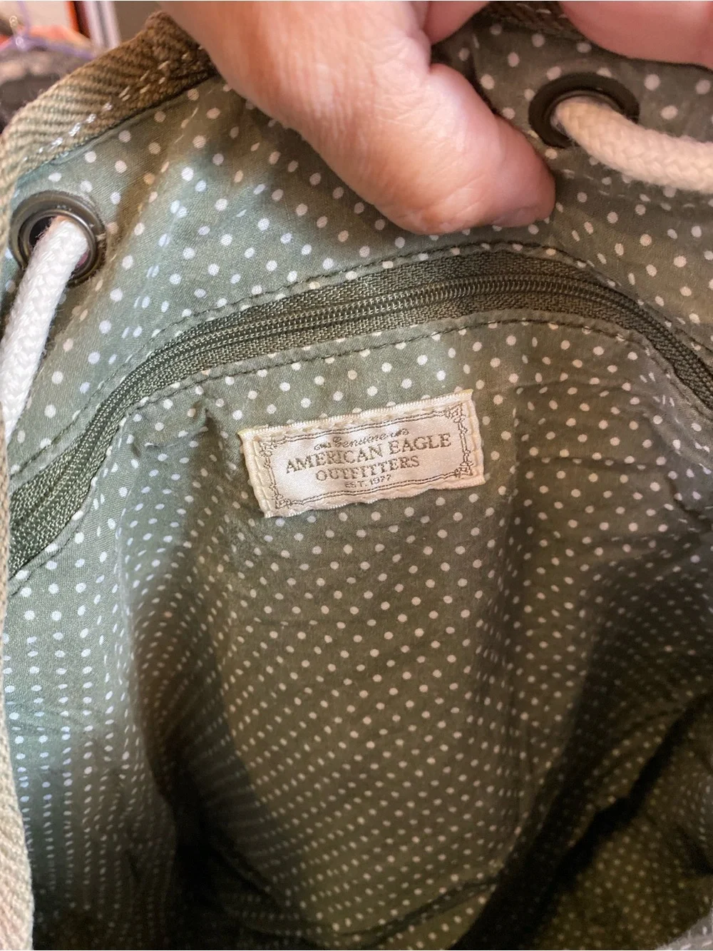 American Eagle Outfitters Sage Green Canvas Backpack with Brown Trim